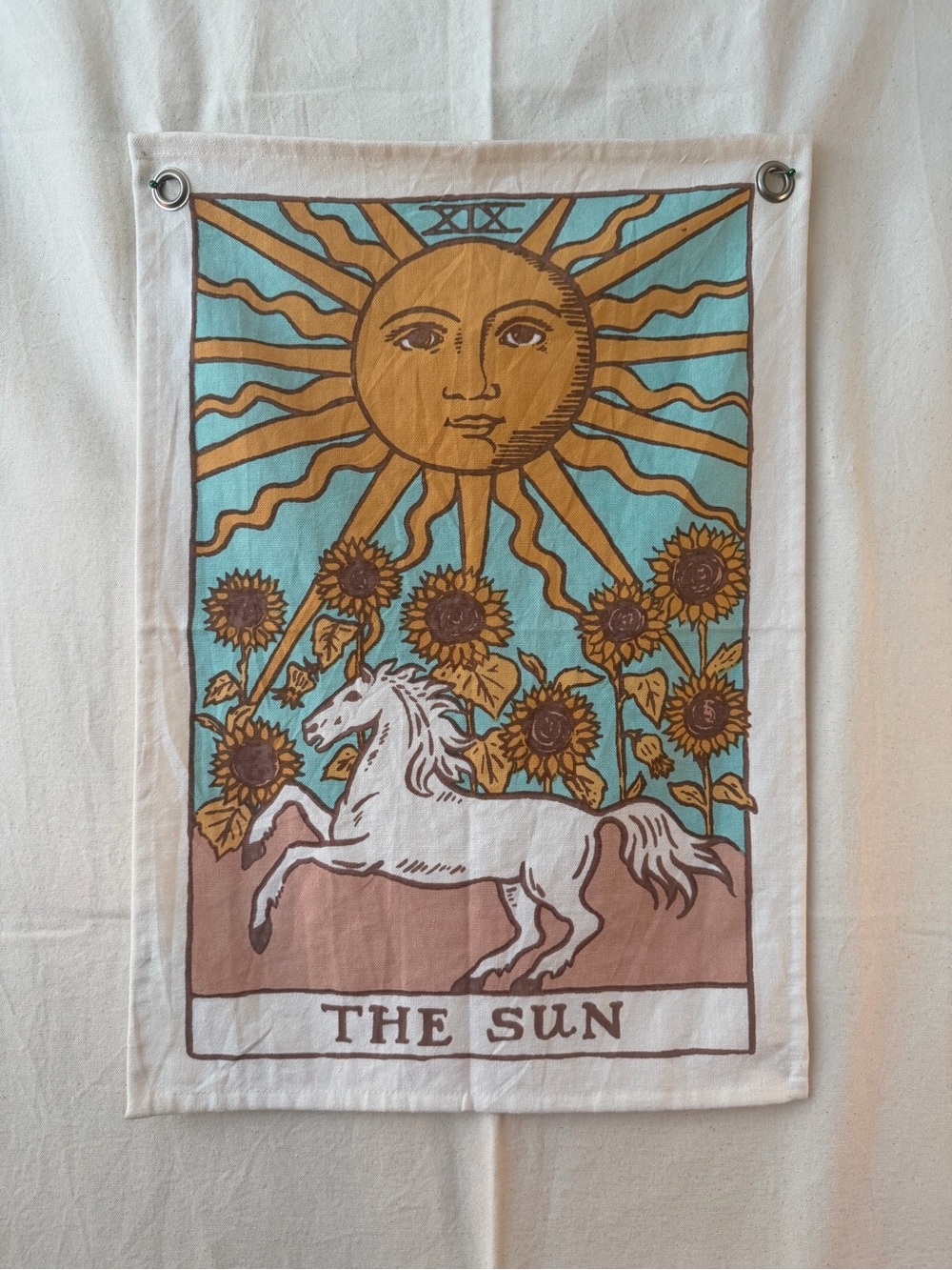 Decorative 'The Sun' Tarot Card Wall Tapestry — White, Gold, Teal